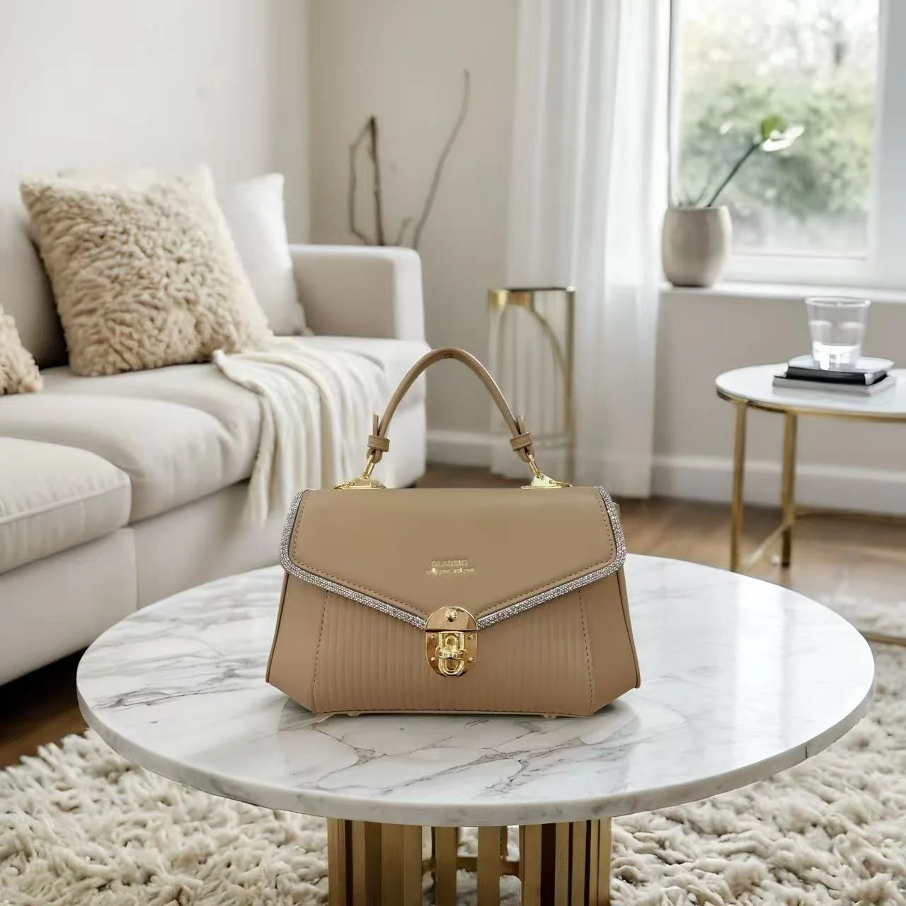 Premium Classic Crystal Edge Top Handle Handbag