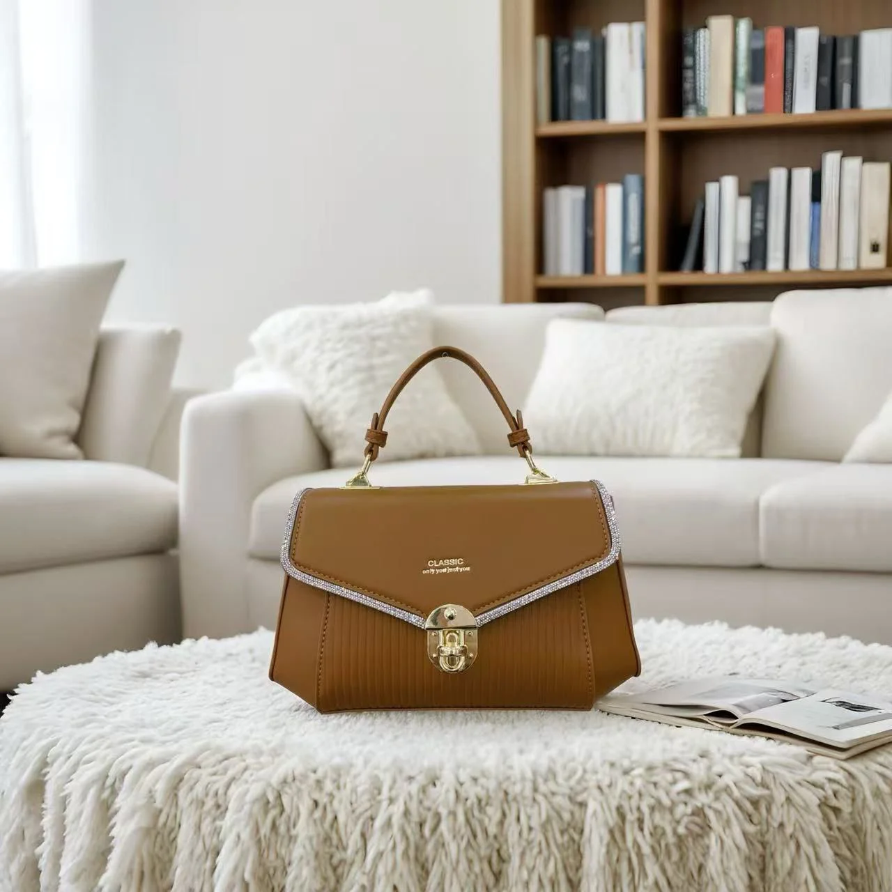 Premium Classic Crystal Edge Top Handle Handbag