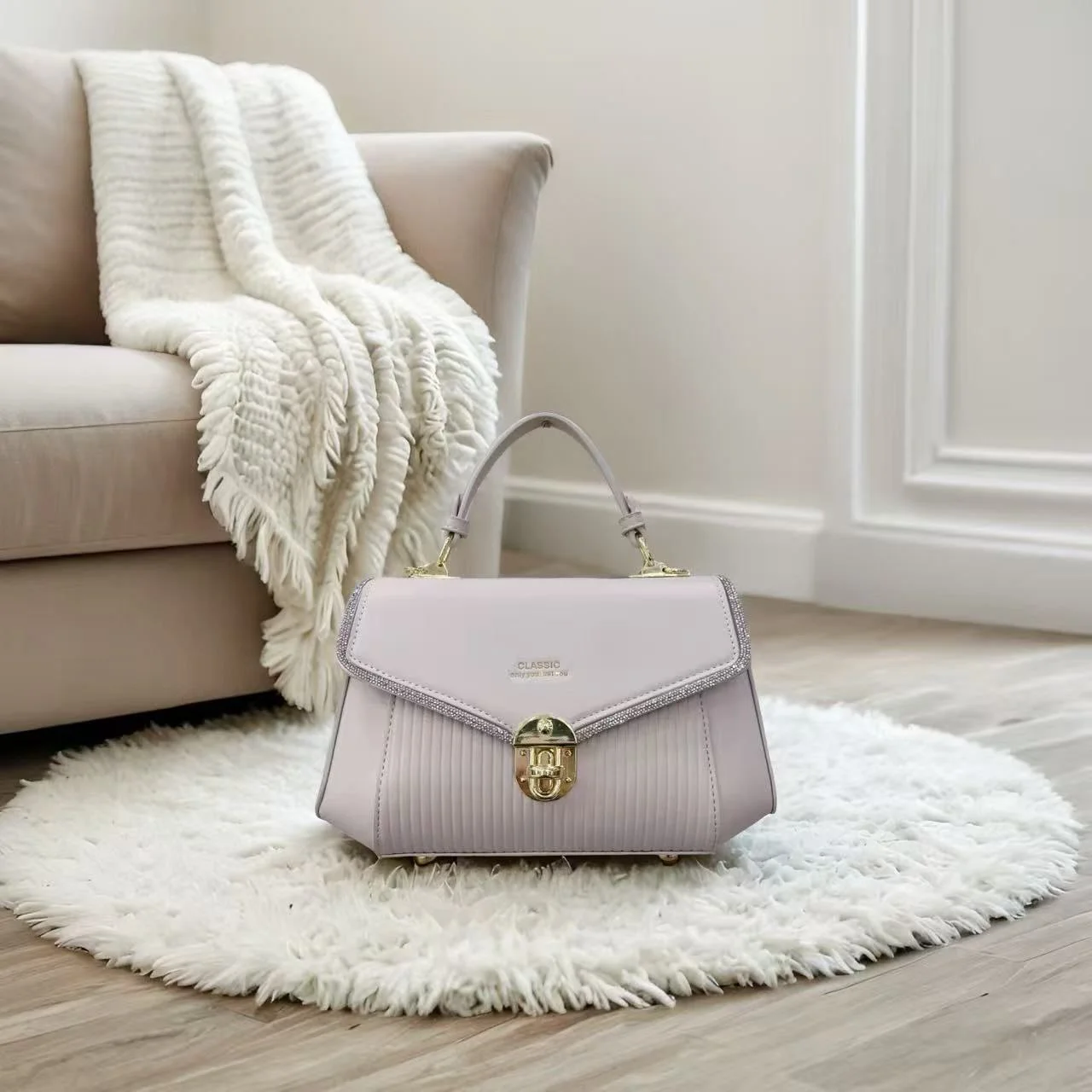 Premium Classic Crystal Edge Top Handle Handbag