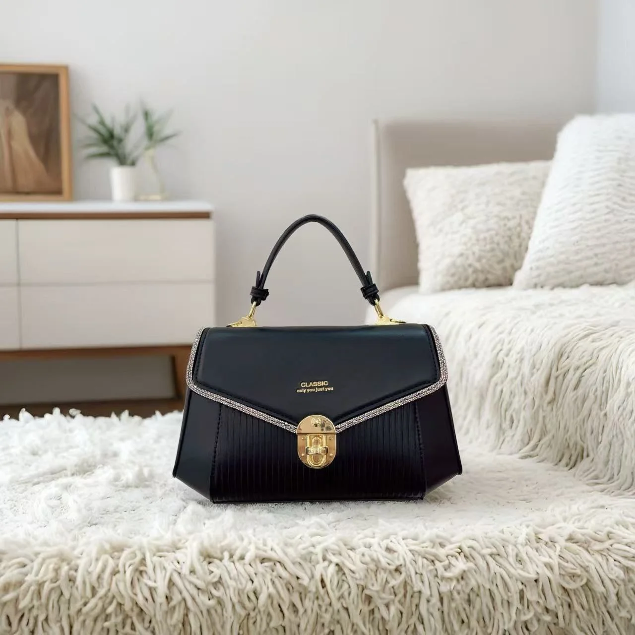 Premium Classic Crystal Edge Top Handle Handbag